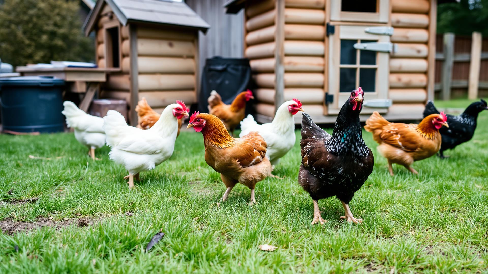 Hühner auf einer Wiese im Morgenlicht